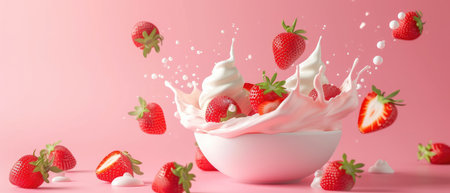 Floating yogurt swirls adorned with isolated strawberries, creating a serene scene, Ai Generated.の素材