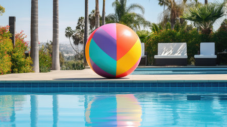 Vibrant beach ball adds a classic touch to the pool deck ambiance. Ai Generated.の素材