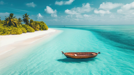 Tranquil summer scene of a tropical island and boat in the ocean, a beautiful getaway, Ai Generated.の素材