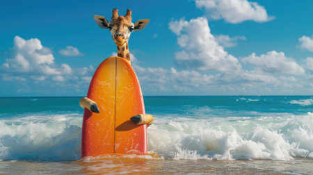 Adventurous giraffe surfer catches waves, embodying summer joy and beach excitement, Ai Generated.の素材