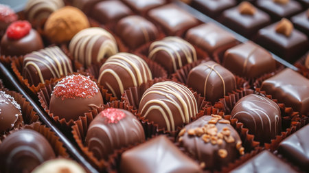 A box filled with various chocolate sweets arranged in neat rows. Indulgent, Ai Generated.の素材