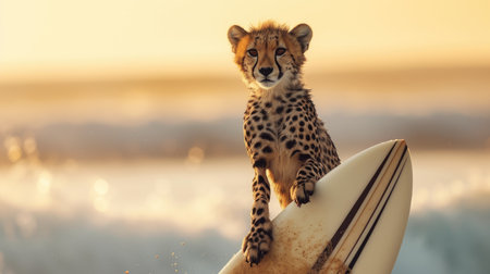 Adventurous cheetah surfer catches waves, embodying summer joy and beach excitement, Ai Generated.の素材