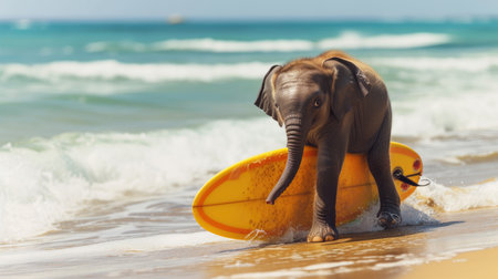 Adventurous elephant surfer catches waves, embodying summer joy and beach excitement, Ai Generated.の素材