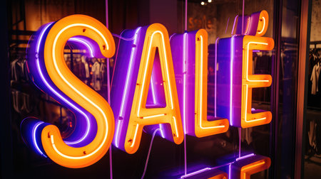 Orange and purple neon Sale sign shines brightly, attracting attention. Ai Generatedの素材