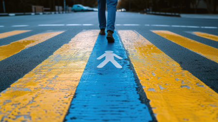 Vibrant blue, white, and yellow pedestrian crossing sign stands out on street background. Ai Generatedの素材