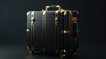 Stylish black suitcase featuring gold handles on a chic black background. Ai Generated.の素材