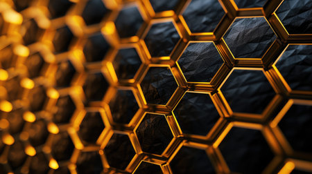 Dive into a luxurious world with a black background adorned by a golden honeycomb, Ai Generated.の素材