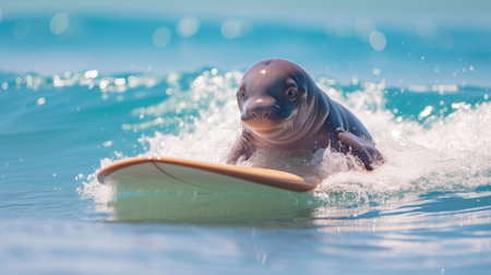 Adventurous dugong surfer catches waves, embodying summer joy and beach excitement, Ai Generated.の素材