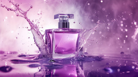 Splash effect enhances the allure of a perfume bottle against a purple backdrop. Ai Generated.の素材