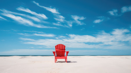 Red chair stands alone on sandy beach, under clear blue skies. Peaceful. Ai Generatedの素材