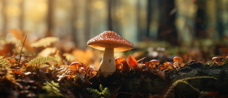 close-up shot of a mushroom growing amidst leaves in a woodland setting, Ai Generated.の素材
