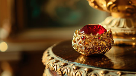 Ornate gold-red jewel adorns table, exuding luxury and allure. Ai Generatedの素材
