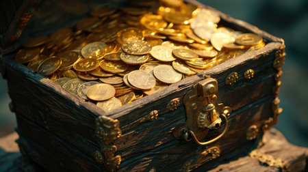 Gold coins spill from treasure chest, hinting at hidden wealth within. Ai Generatedの素材
