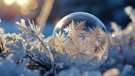Nature's artistry: frozen bubble exhibits mesmerizing fractals, a delicate showcase of intricate beauty, Ai Generated.の素材
