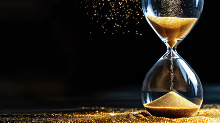 Sand trickles from hourglass on dark backdrop, symbolizing passing moments, Ai Generated.の素材