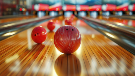 Exciting bowling moment as ball strikes and topples pins on alley line. Ai Generatedの素材