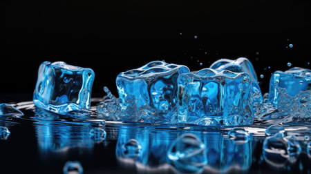 Melting blue ice cubes set on a dark black backdrop, evoking a sense of coolness and contrast, Ai Generated.の素材