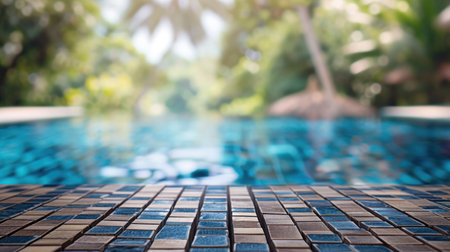 Tranquil summer vibes: An empty mosaic table with a blurred tropical pool backdrop, Ai Generated.の素材
