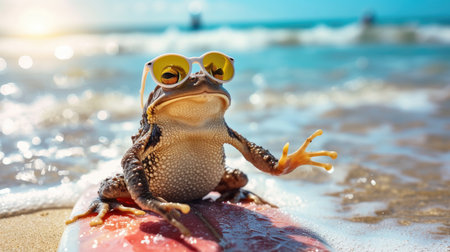 Adventurous toad surfer catches waves, embodying summer joy and beach excitement, Ai Generated.の素材