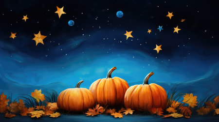 Fall scene with pumpkins and leaves under a starry blue sky, epitomizing the charm of the season, Ai Generated.の素材