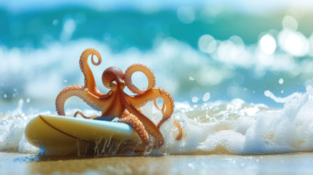 Adventurous octopus surfer catches waves, embodying summer joy and beach excitement, Ai Generated.の素材