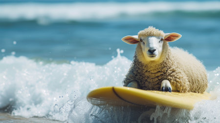 Adventurous sheep surfer catches waves, embodying summer joy and beach excitement, Ai Generated.の素材