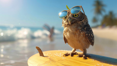 Adventurous owl surfer catches waves, embodying summer joy and beach excitement, Ai Generated.の素材
