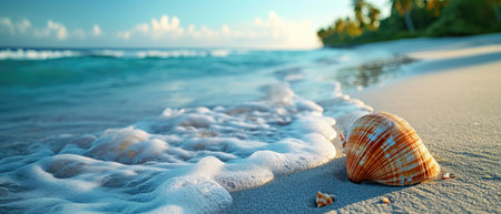 Seashell on a tropical beach, accompanied by a sea snail. Coastal tranquility, Ai Generated.の素材