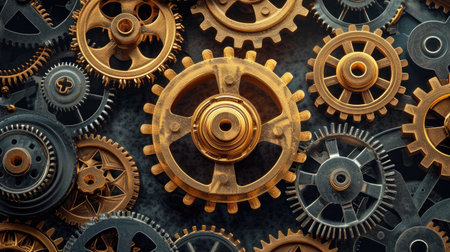 Metallic cogwheels encircle a central golden cogwheel, symbolizing unity and precision. Mechanical, Ai Generated.の素材