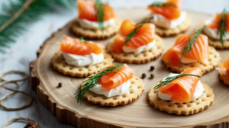 Indulge in festive canapÃ©s biscuits topped with creamy sauce and plant-based smoked salmon, Ai Generated.の素材