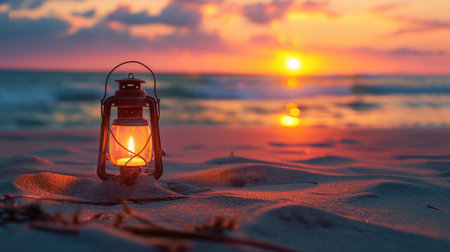 a lantern nestled in the sand. Serene coastal charm, Ai Generated.の素材