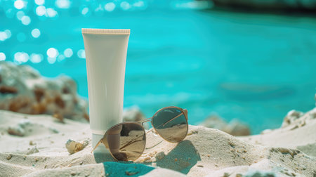 Sandy beach setup features sunscreen lotion and chic sunglasses for a perfect summer day. Ai Generatedの素材