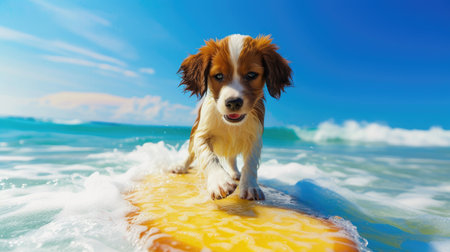 Adventurous puppy surfer catches waves, embodying summer joy and beach excitement, Ai Generated.の素材