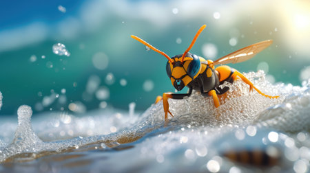 Adventurous wasp surfer catches waves, embodying summer joy and beach excitement, Ai Generated.の素材