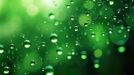 Vibrant close-up: green water droplets suspended in the air, adorned with a bokeh effect. Ai Generated.の素材