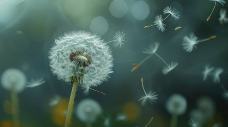 A single dandelion seed floats gracefully, carried by the whimsical whispers of the wind, Ai Generated.の素材