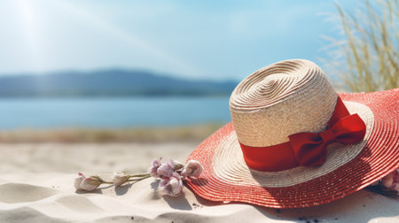 Red sunglasses and straw summer hat lie on wooden surface against tropical beach. Ai Generatedの素材