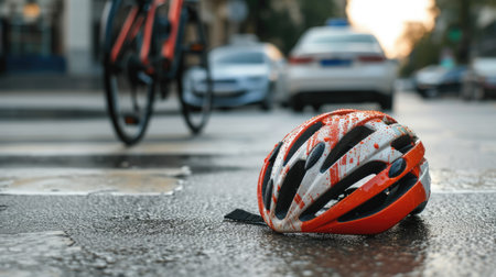 Bicycle helmet on pavement near a bike a close-up urban snapshot. Street safety, Ai Generated.の素材