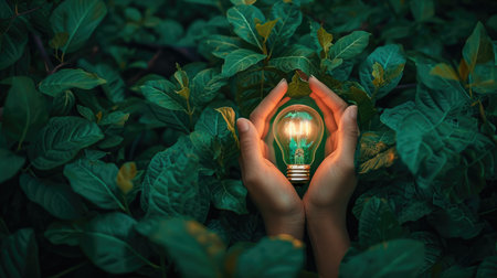 A green energy-powered light bulb symbolizes renewable brilliance, Ai Generated.の素材