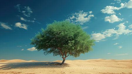 A solitary green tree thrives in the desert, a testament to nature's resilience, Ai Generated.の素材