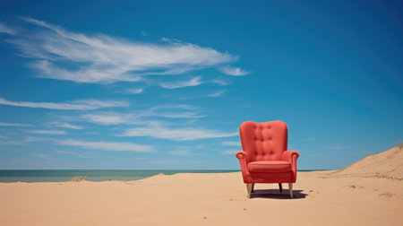 Red chair stands alone on sandy beach, under clear blue skies. Peaceful. Ai Generatedの素材