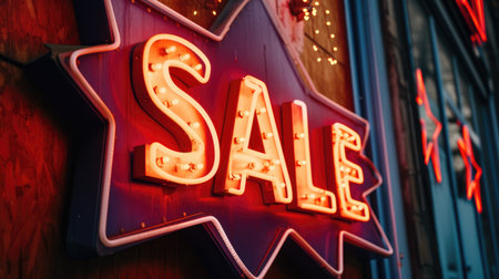 Eye-catching sale sign featuring neon lights and star motif beckons shoppers, Ai Generated.の素材