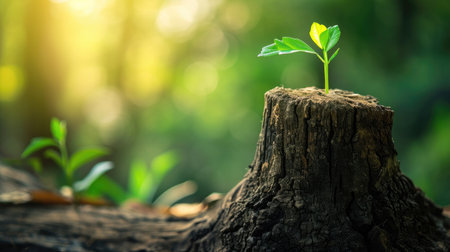 A seedling emerges from an old tree trunk, nature's enduring spirit, Ai Generated.の素材