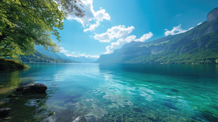 Sunlit day at the lake with calm turquoise waters. Serenity reflected, Ai Generated.の素材