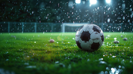 Soccer field's dramatic view, lush green grass, evoking intensity and competition. Ai Generated.の素材