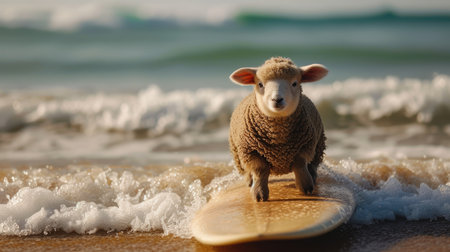 Adventurous sheep surfer catches waves, embodying summer joy and beach excitement, Ai Generated.の素材