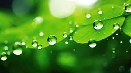 Vibrant close-up: green water droplets suspended in the air, adorned with a bokeh effect. Ai Generated.の素材