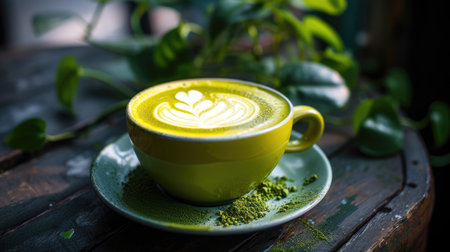 Green Matcha Tea Latte Cup Rests on Saucer, Tempting Aroma. Ai Generatedの素材