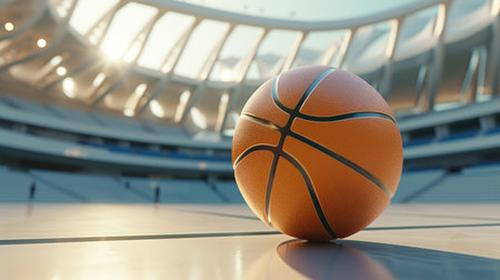 Modern basketball arena backdrop with a poised basketball ball. Sports excitement, Ai Generated.の素材