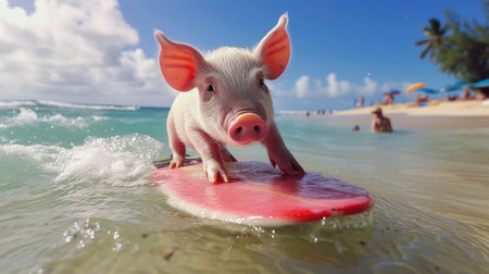 Adventurous pig surfer catches waves, embodying summer joy and beach excitement, Ai Generated.の素材